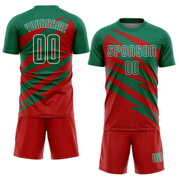 Custom Kelly Green Red-White Abstract Line Sports Sublimation Soccer Uniform Jersey