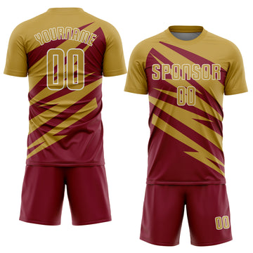 Custom Old Gold Crimson-White Abstract Line Sports Sublimation Soccer Uniform Jersey