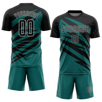 Custom Black Teal-White Abstract Line Sports Sublimation Soccer Uniform Jersey
