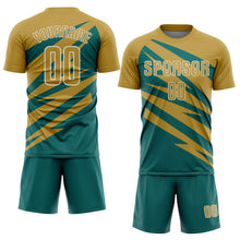 Laden Sie das Bild in den Galerie-Viewer, Custom Old Gold Teal-White Abstract Line Sports Sublimation Soccer Uniform Jersey

