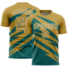 Laden Sie das Bild in den Galerie-Viewer, Custom Old Gold Teal-White Abstract Line Sports Sublimation Soccer Uniform Jersey
