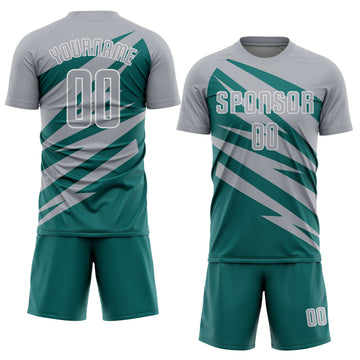 Custom Gray Teal-White Abstract Line Sports Sublimation Soccer Uniform Jersey
