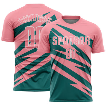 Custom Medium Pink Teal-White Abstract Line Sports Sublimation Soccer Uniform Jersey