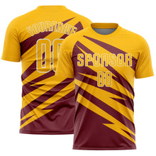 Load image into Gallery viewer, Custom Gold Burgundy-White Abstract Line Sports Sublimation Soccer Uniform Jersey
