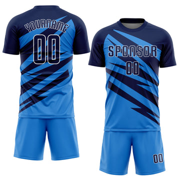 Custom Navy Powder Blue-White Abstract Line Sports Sublimation Soccer Uniform Jersey