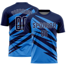 Загрузить изображение в средство просмотра галереи, Custom Navy Powder Blue-White Abstract Line Sports Sublimation Soccer Uniform Jersey

