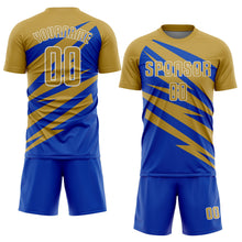 Загрузить изображение в средство просмотра галереи, Custom Old Gold Thunder Blue-White Abstract Line Sports Sublimation Soccer Uniform Jersey
