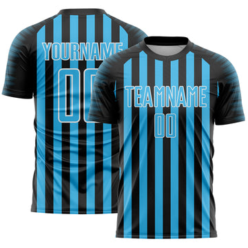 Custom Black Sky Blue-White Stripe Sports Sublimation Soccer Uniform Jersey