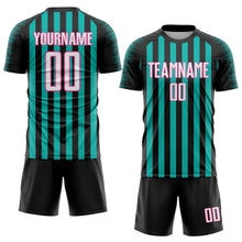 Загрузить изображение в средство просмотра галереи, Custom Black White Aqua-Pink Stripe Sports Sublimation Soccer Uniform Jersey
