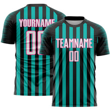 Загрузить изображение в средство просмотра галереи, Custom Black White Aqua-Pink Stripe Sports Sublimation Soccer Uniform Jersey
