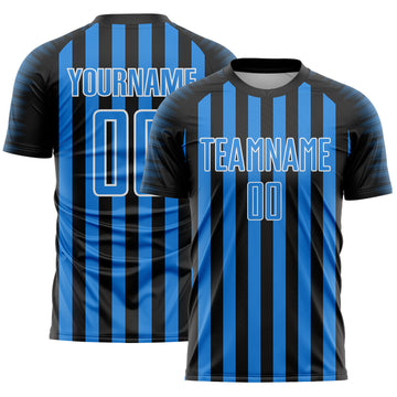 Custom Black Powder Blue-White Stripe Sports Sublimation Soccer Uniform Jersey