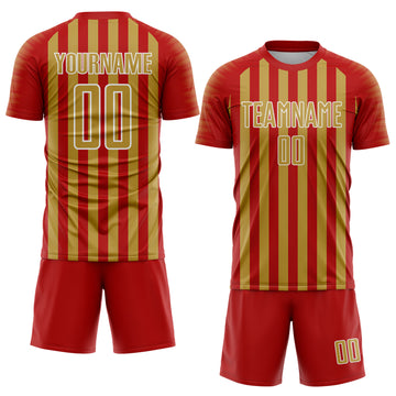 Custom Red Old Gold-White Stripe Sports Sublimation Soccer Uniform Jersey