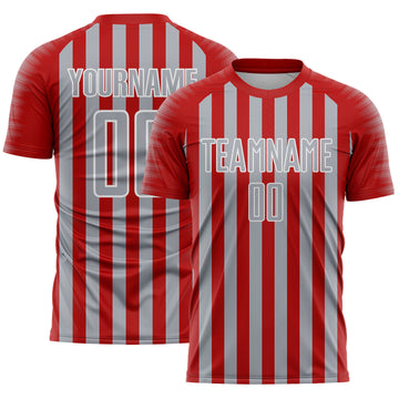 Custom Red Gray-White Stripe Sports Sublimation Soccer Uniform Jersey