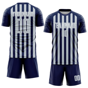 Custom Navy Silver-White Stripe Sports Sublimation Soccer Uniform Jersey