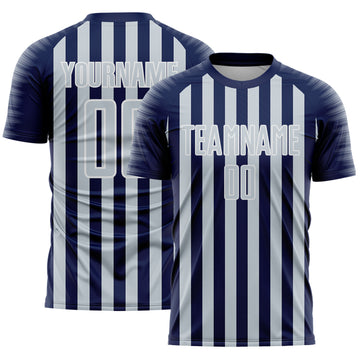 Custom Navy Silver-White Stripe Sports Sublimation Soccer Uniform Jersey