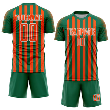Custom Kelly Green Orange-White Stripe Sports Sublimation Soccer Uniform Jersey
