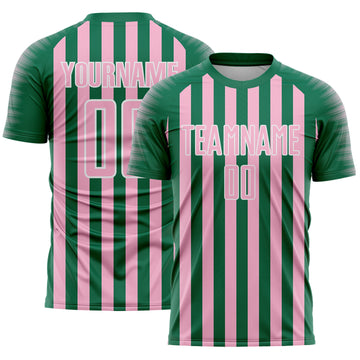 Custom Kelly Green Light Pink-White Stripe Sports Sublimation Soccer Uniform Jersey