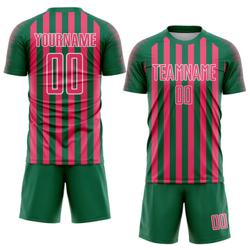 Custom Kelly Green Neon Pink-White Stripe Sports Sublimation Soccer Uniform Jersey