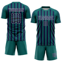 Laden Sie das Bild in den Galerie-Viewer, Custom Teal Navy-White Stripe Sports Sublimation Soccer Uniform Jersey
