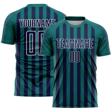 Custom Teal Navy-White Stripe Sports Sublimation Soccer Uniform Jersey
