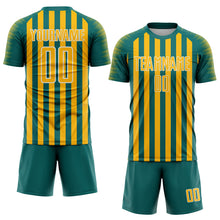 Laden Sie das Bild in den Galerie-Viewer, Custom Teal Gold-White Stripe Sports Sublimation Soccer Uniform Jersey
