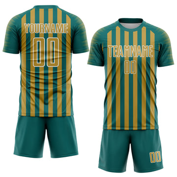 Custom Teal Old Gold-White Stripe Sports Sublimation Soccer Uniform Jersey