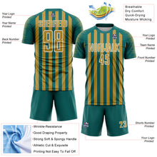 Load image into Gallery viewer, Custom Teal Old Gold-White Stripe Sports Sublimation Soccer Uniform Jersey
