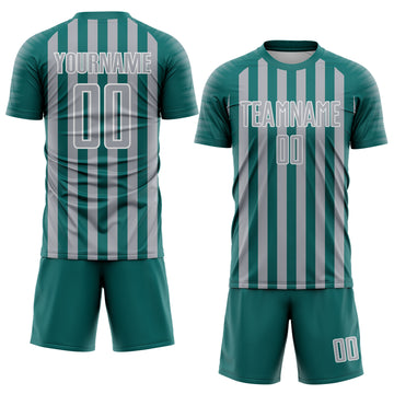 Custom Teal Gray-White Stripe Sports Sublimation Soccer Uniform Jersey