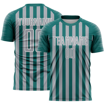 Custom Teal Gray-White Stripe Sports Sublimation Soccer Uniform Jersey