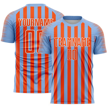 Custom Light Blue Orange-White Stripe Sports Sublimation Soccer Uniform Jersey