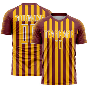 Custom Burgundy Gold-White Stripe Sports Sublimation Soccer Uniform Jersey