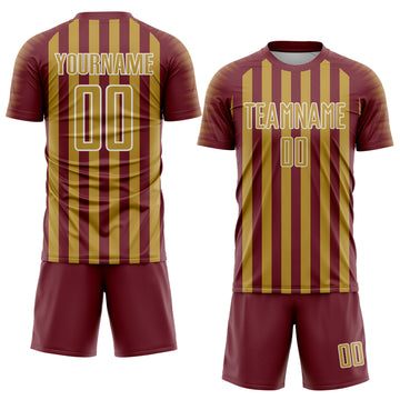 Custom Burgundy Old Gold-White Stripe Sports Sublimation Soccer Uniform Jersey