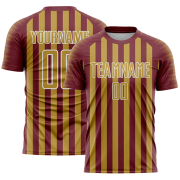 Custom Burgundy Old Gold-White Stripe Sports Sublimation Soccer Uniform Jersey