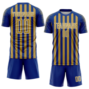 Custom Royal Old Gold-White Stripe Sports Sublimation Soccer Uniform Jersey