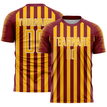 Custom Crimson Gold-White Stripe Sports Sublimation Soccer Uniform Jersey