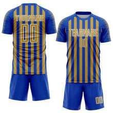 Load image into Gallery viewer, Custom Thunder Blue Old Gold-White Stripe Sports Sublimation Soccer Uniform Jersey
