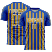 Load image into Gallery viewer, Custom Thunder Blue Old Gold-White Stripe Sports Sublimation Soccer Uniform Jersey
