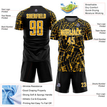 Charger l'image dans la galerie, Custom Black Gold-White Abstract Line Sports Sublimation Soccer Uniform Jersey
