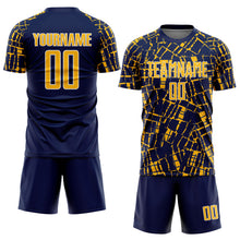 Laden Sie das Bild in den Galerie-Viewer, Custom Navy Gold-White Abstract Line Sports Sublimation Soccer Uniform Jersey
