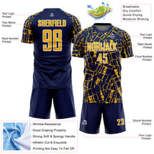 Laden Sie das Bild in den Galerie-Viewer, Custom Navy Gold-White Abstract Line Sports Sublimation Soccer Uniform Jersey
