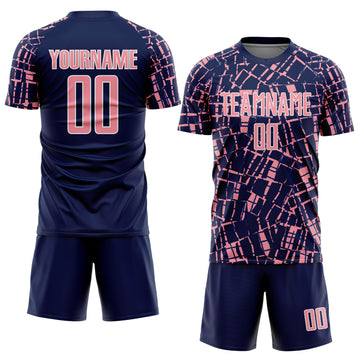 Custom Navy Medium Pink-White Abstract Line Sports Sublimation Soccer Uniform Jersey