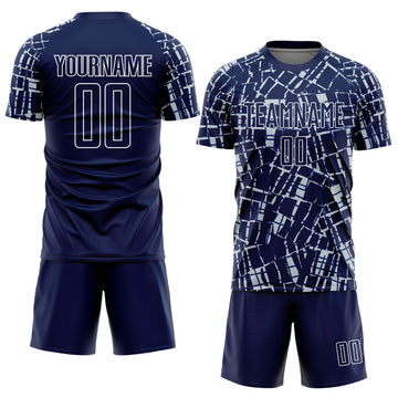 Custom Navy Silver-White Abstract Line Sports Sublimation Soccer Uniform Jersey