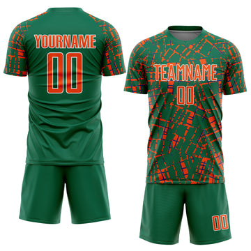 Custom Kelly Green Orange-White Abstract Line Sports Sublimation Soccer Uniform Jersey