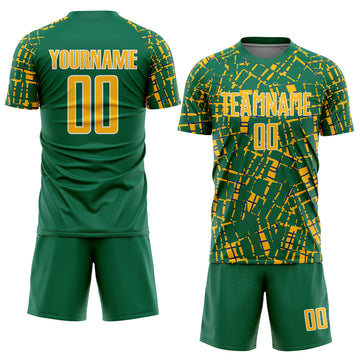 Custom Kelly Green Gold-White Abstract Line Sports Sublimation Soccer Uniform Jersey