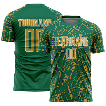 Custom Kelly Green Old Gold-White Abstract Line Sports Sublimation Soccer Uniform Jersey