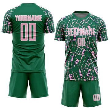 Custom Kelly Green Light Pink-White Abstract Line Sports Sublimation Soccer Uniform Jersey