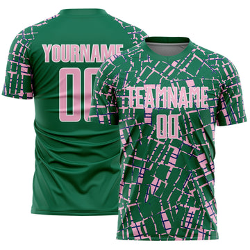 Custom Kelly Green Light Pink-White Abstract Line Sports Sublimation Soccer Uniform Jersey