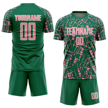Custom Kelly Green Medium Pink-White Abstract Line Sports Sublimation Soccer Uniform Jersey