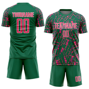 Custom Kelly Green Neon Pink-White Abstract Line Sports Sublimation Soccer Uniform Jersey