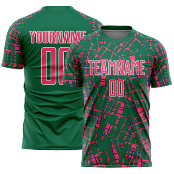 Custom Kelly Green Neon Pink-White Abstract Line Sports Sublimation Soccer Uniform Jersey